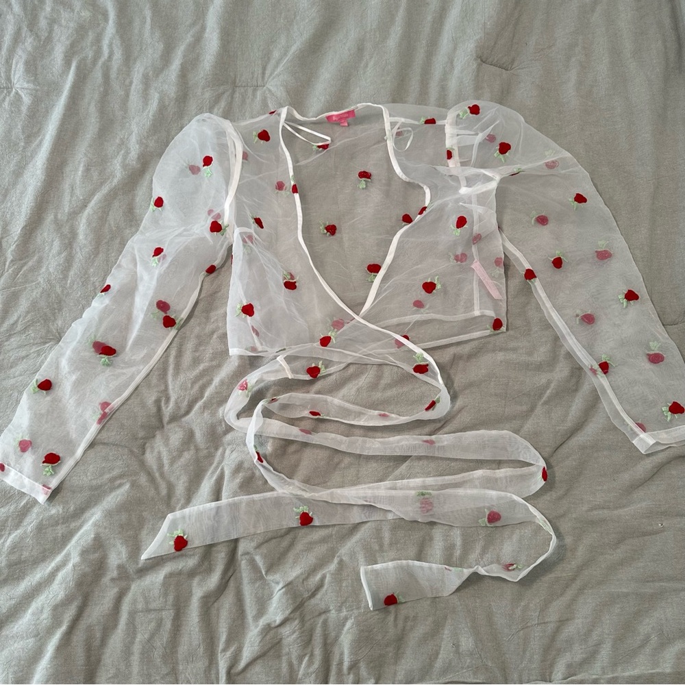 NWOT Sugar Thrillz Sheer White Wrap Top with Embroiderd Roses